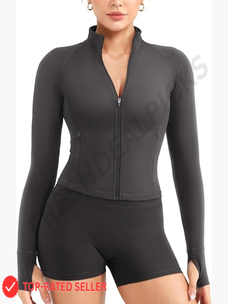 Full Zip Workout Jacket With Pockets Thumb Hole Long Sleeve Athletic Cropped